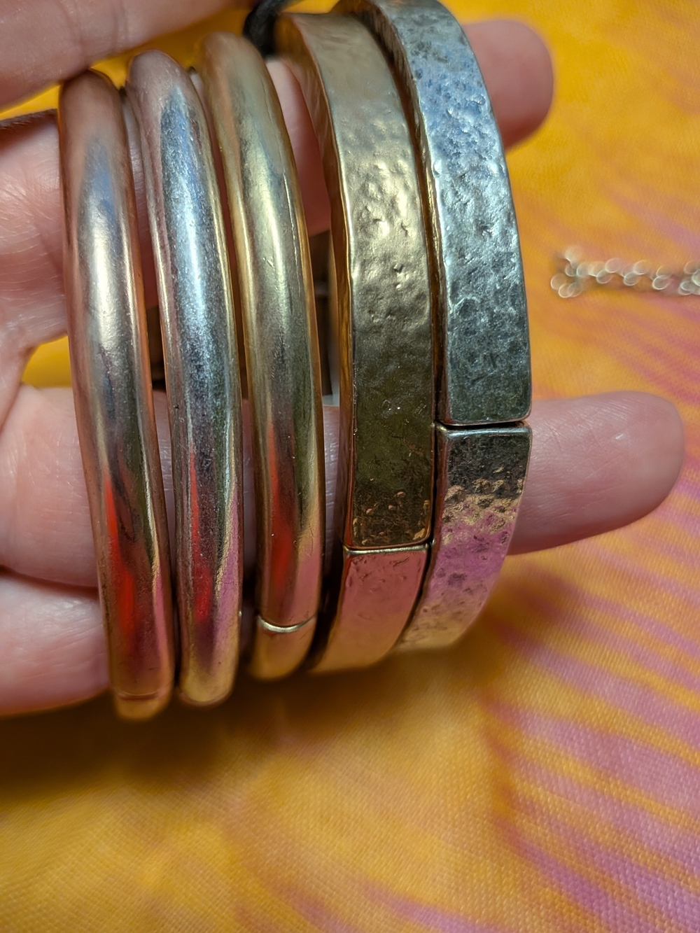 J.Jill Mixed Metal Bangle Bracelet Set - Hammered & Smooth Silver Gold Rose Gold